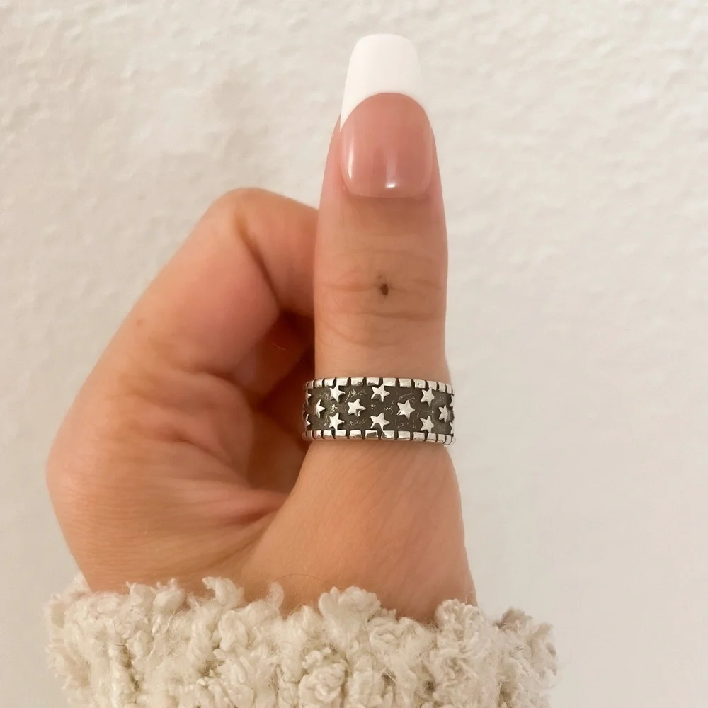 925 Sterling Silver Star Ring Band Black & Silver Star Ring Celestial Ring